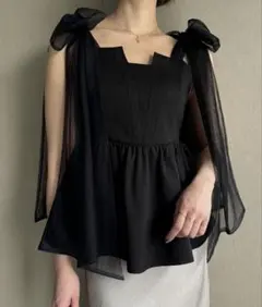 ジュノア ブラック 黒 チュール ビックリボン キャミ フレア ぺプラムビスチェ