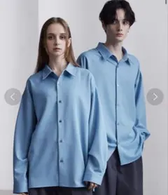 【CLEL】バルーン袖ルーズレギュラーカラーシャツ　ブルー　L