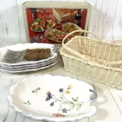 昭和レトロ 楕円　食器5枚＋フォーク5本＋バスケット 箱付 未使用 花柄プレート