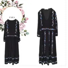 【ザラ】ZARA♡花柄刺繍ロングVネックワンピースフレアプリーツ【S】黒ブルー系