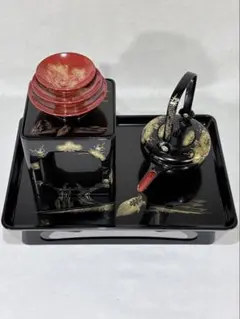 輪島塗　塗師 吉峰　彫師 國峰　老松竹梅沈金　屠蘇器壱揃　美品　共箱　送料込
