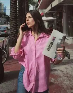 ZARA コットンストライプオーバーサイズシャツ　ピンク　S　Vネック