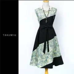 メルカリ購入品 豪華 大島紬 ちりめん 斜め切り替え ワンピース 緑系 葉柄 L