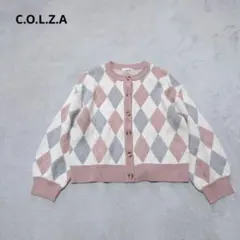 F4-3054　カーディガン　ショート丈　アーガイル　クルーネック　S【コルザ