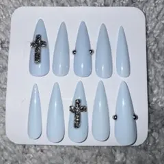 ネイルチップ　水色　クロス　Y2K ギャル　シルバー