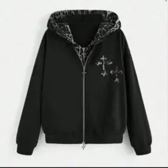 SHEIN レオパード柄フード付き黒パーカー y2k