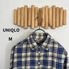 ユニクロ【M】フランネルシャツ 長袖 チェック柄 シャツ 綿100% ブルー
