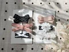 ベビー&キッズヘアクリップ【6点セット】ブラック　ドット　ピンク　ベロア