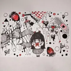 手描きイラスト はがきサイズ　ボールペン　少女の世界