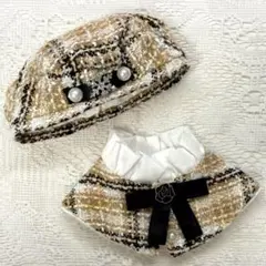 【10cmぬい服】 ツイード リボン ベレー帽 ケープ イエローベージュ