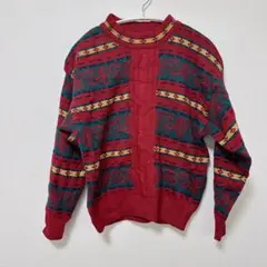 レトロ総柄ニット セーター 90s風 赤 グリーン ヴィンテージ