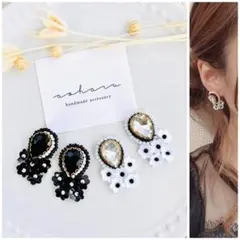 全2色 ウェディング ビジュー刺繍×スパンコールフラワーピアス/イヤリング