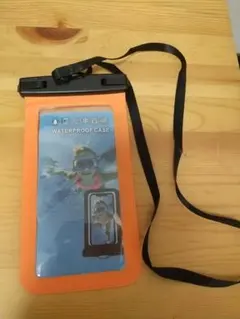 防水スマホケース オレンジ ストラップ付き