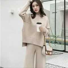 【ラス１です！！】ニットセットアップ ワイドパンツ ２点セット ベージュ