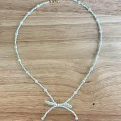 春夏アクセサリー 淡色リボン ビーズネックレス｜ライトブルー｜ハンドメイド