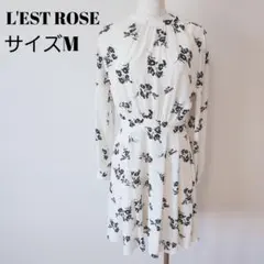 L'EST ROSE 花柄 長袖ワンピース 白×黒 M クラシカル A0779