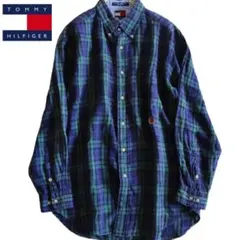 【TOMMY HILFIGER】長袖シャツ　麻100%　チェック　緑紺　XL★