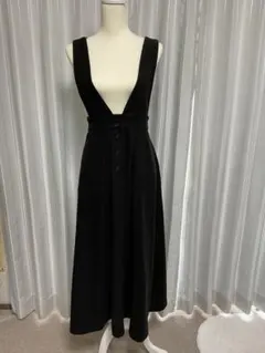 黒 キャミワンピース ロング丈 Vネック 前面ボタン付き