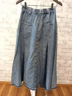L　新品　タック　インディゴ　デニム　ロングスカート　アイスウォッシュ