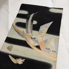 アンティーク夏帯 名古屋帯 帆船 笹 貝 刺繍 黒地のサムネイル