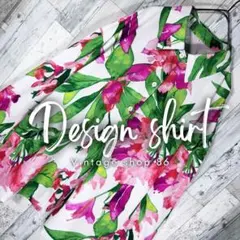 柄シャツ レディース 長袖 M 白 未使用 古着 総柄 花柄 レトロ アート
