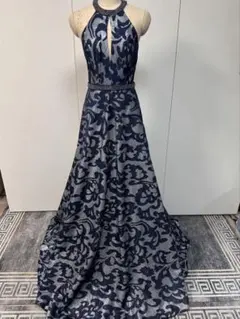 ネイビー フローラルパターン ハイネックドレス