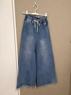 ライトブルー ワイドパンツ 28インチ　フリンジ裾