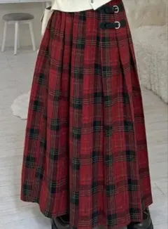 タータンチェック　厚手　ロングスカート　ベルト付き　L　新品