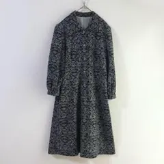 4613 一点物　ペイズリー総柄ロングワンピース　長袖　レトロ　黒　グレー　古着