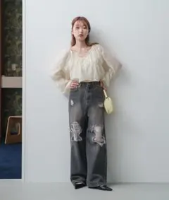 カスタネ　レースデニムパンツ　サイズ2