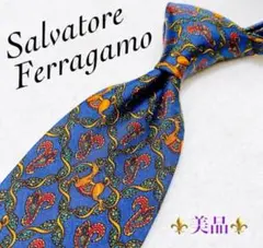 【美品】Salvatore Ferragamo ブルー 総柄 シルク ハイブラ