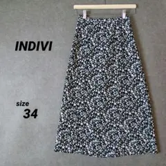 美品INDIVI マシンウォッシュ アソートプリントロングスカート 34ブラック