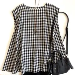 美品 アーバンリサーチドアーズ リネンギンガムチェックノースリーブブラウス