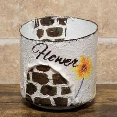 リメ缶　漆喰風レンガ造形　FLOWER ホワイト＆イエロー