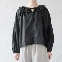 【洗える♡とろみ】gauze# ガーゼ 黒 ブラウス 長袖 ブラック 日本製 Gauze# ガーゼ バンドカラー レース 鹿の子 ブラウス 長袖 シャツ