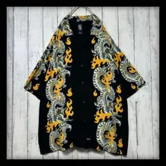 【VINTAGE】GUESS☆和柄アロハシャツ☆昇龍☆ブラック☆開襟　レーヨンMのサムネイル