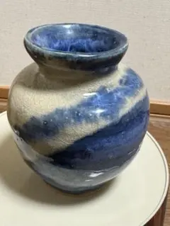 古美術品☆[清水焼]青と白のマーブル紋様ストライプ陶器花瓶