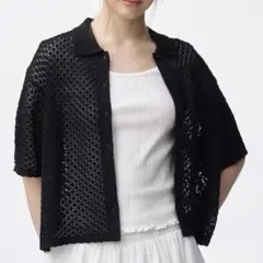 【GU】透かし編みニットシャツ(5分袖) ブラック　XL