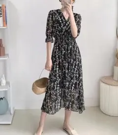 花柄シースルーロングワンピース 半袖