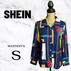 美品✨【SHEIN】アート柄シャツ　テロテロ　ストレッチ性　総柄　ネイビー　Sのサムネイル