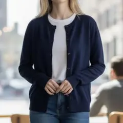 美品 ランズエンド LANDS' END ニットカーディガン（M）ネイビー 長袖のサムネイル
