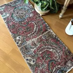 40×104.5 コーラルピンク×水色　ボタニカル　トルコヴィンテージラグ