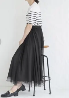 ロペピクニック ドットチュールロングスカート 黒