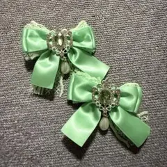 ミントグリーンのレース付きリボンヘアクリップ 2個セット 推し活