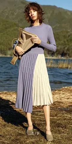 FRAY I.D ダイヤ柄プリーツニットワンピース （ブルー）