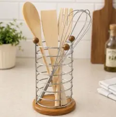 木製キッチンツール4点セット★スタンド付き 泡立て器 しゃもじ ヘラ ナチュラルのサムネイル