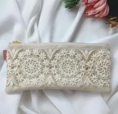 【フラットポーチ】インド刺繍×ヌビ生地／生成り×パープル｜小物入れ（A157）