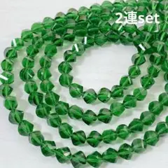 y109/ガラスビーズ◇グリーン系　多面カット　2連