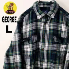 usa古着 GEORGE　ネルシャツ　L　グリーン　ホワイト　チェック