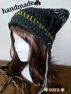 手編み 猫耳ニット帽 帽子 y2k ハンドメイド ネコ耳 サブカル かぎ針編み